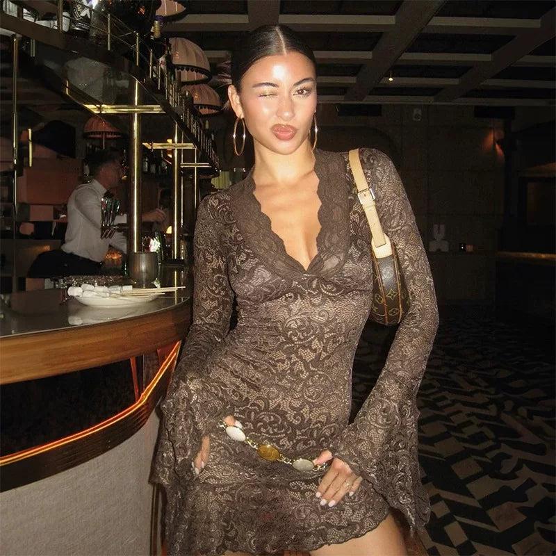 Wcoumq | Solid Color Lace Short Dress with See-Through Stitching and High Waist for Spring and Summer