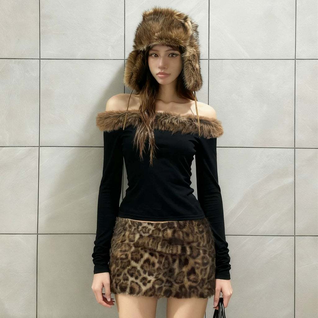 Wcoumq | Sexy One-Shoulder Fur Collar Long-Sleeve Top & Eco-Friendly Leopard Print Skirt Set – Autumn & Winter European Hot Girl Style