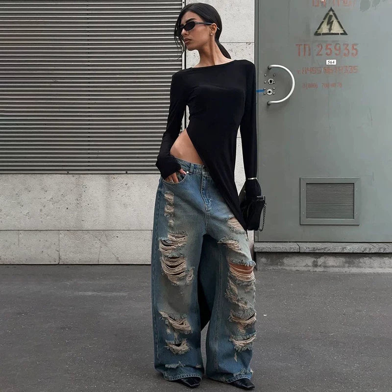 Wcoumq | Slit Design Long-Sleeve Mid-Length Top for Women – Trendy Gusty Street Fashion Hot Girl Style Irregular T-Shirt