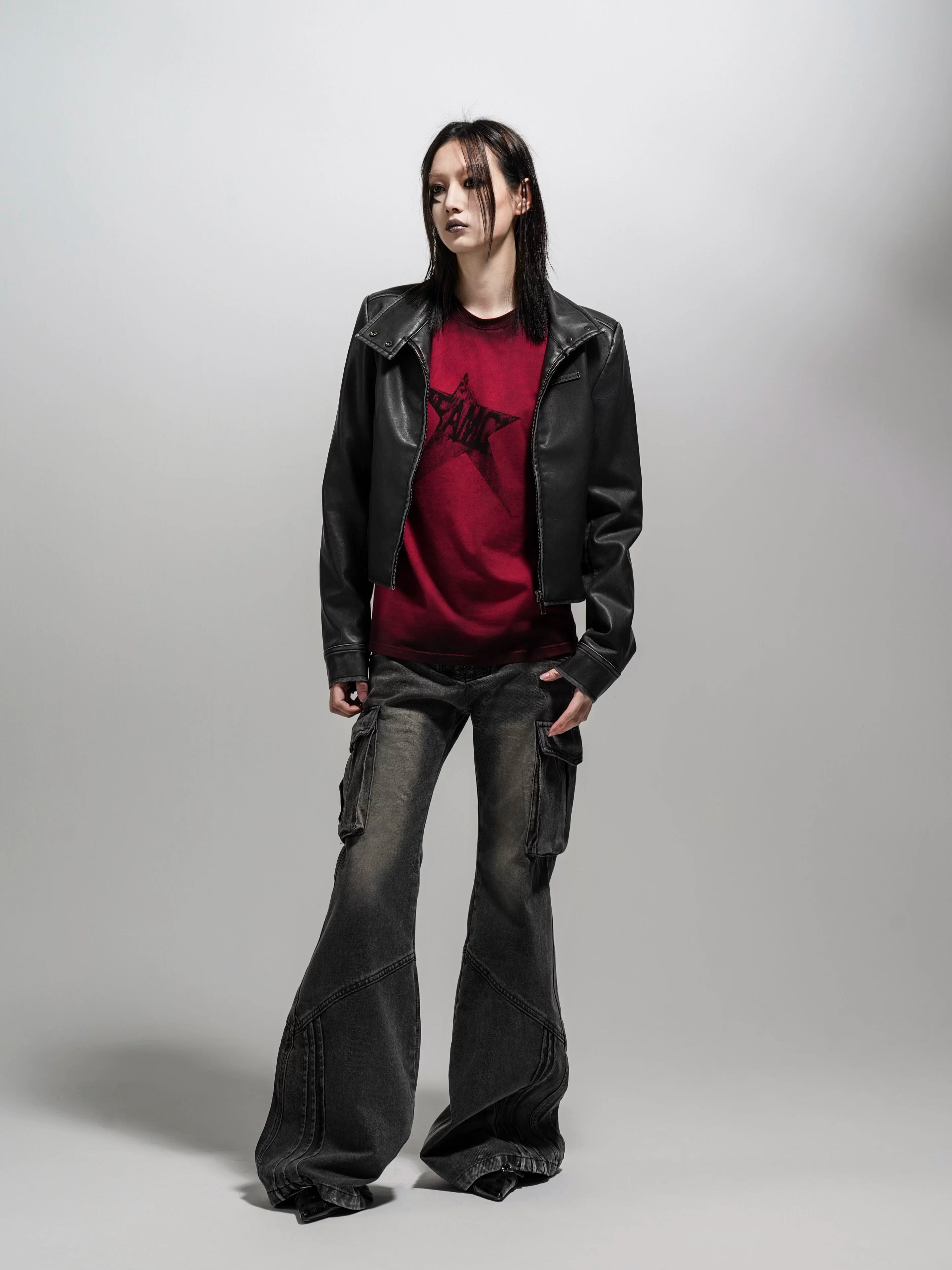 Wcoumq | Retro Washed Leather Motorcycle Jacket – Women’s Slim Fit Short Coat with Shoulder Pads for Fall & Winter