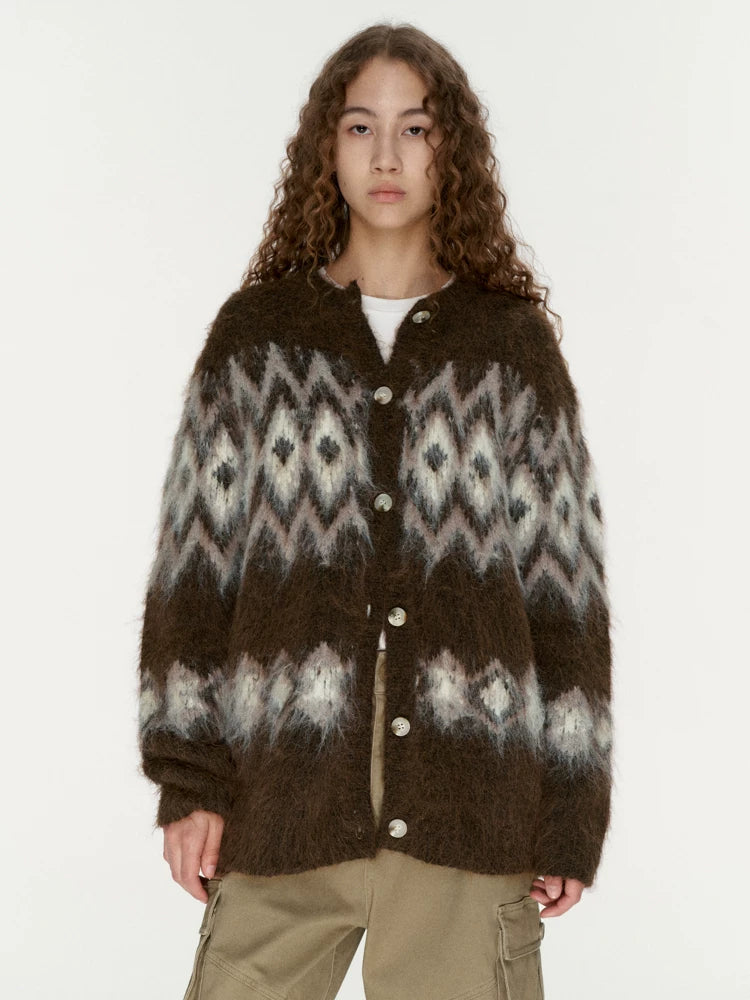 Wcoumq | Winter Wool Cardigan with Jacquard Brushed Fair Isle Sweater Design – Loose Fit Women’s Cozy Sweater Jacket