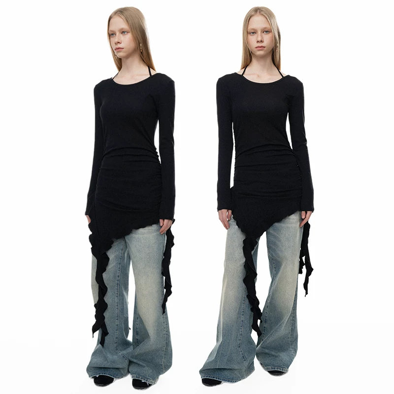 Wcoumq | Fringe Detail Slim-Fit Long Sleeve Top for Autumn and Winter