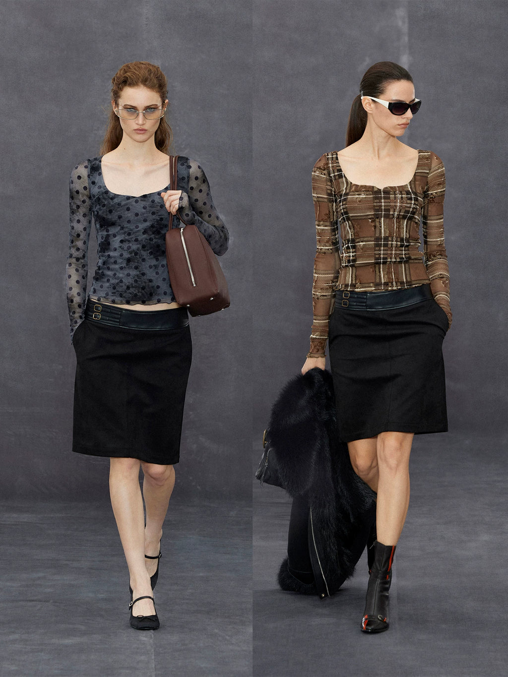 Wcoumq | Sweetheart Neck Jacquard Mesh Polka Dot Lace Plaid Long-Sleeve Round Neck Top for Women