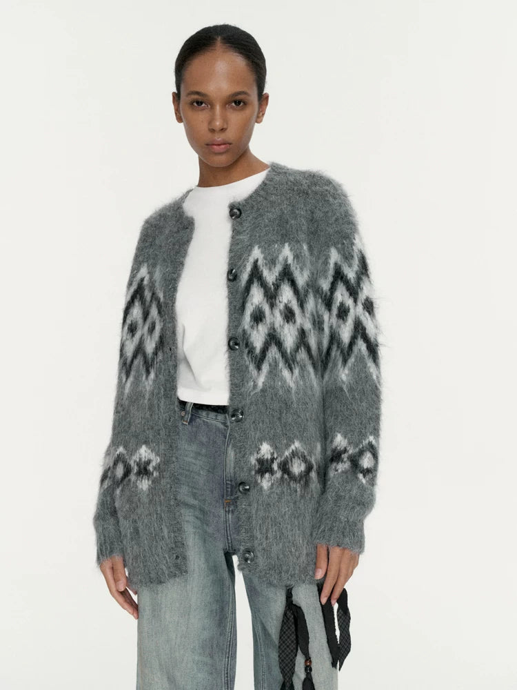 Wcoumq | Winter Wool Cardigan with Jacquard Brushed Fair Isle Sweater Design – Loose Fit Women’s Cozy Sweater Jacket
