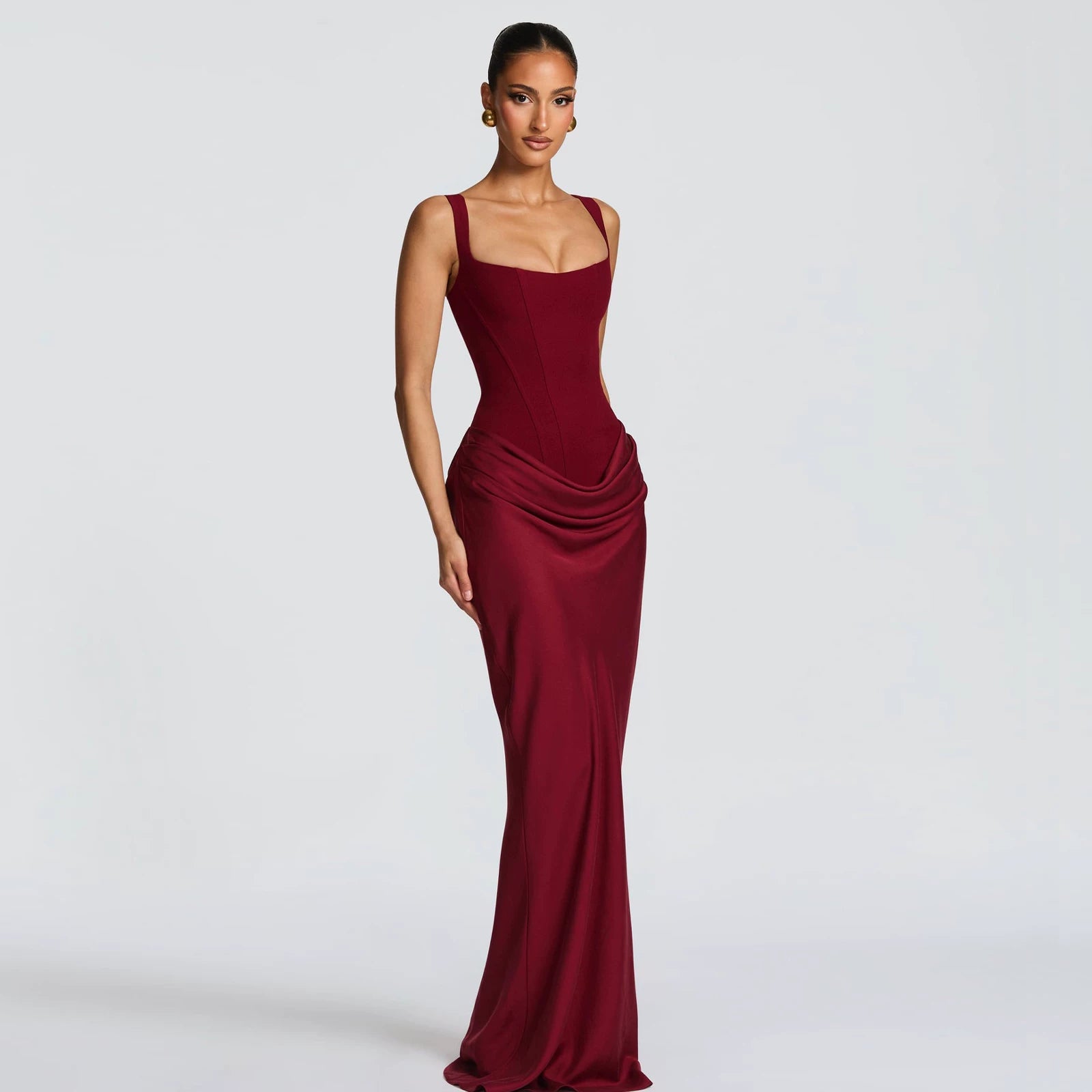 Wcoumq | Square Neck Suspender Maxi Dress with Back Strap and Slim Fit for Autumn & Winter