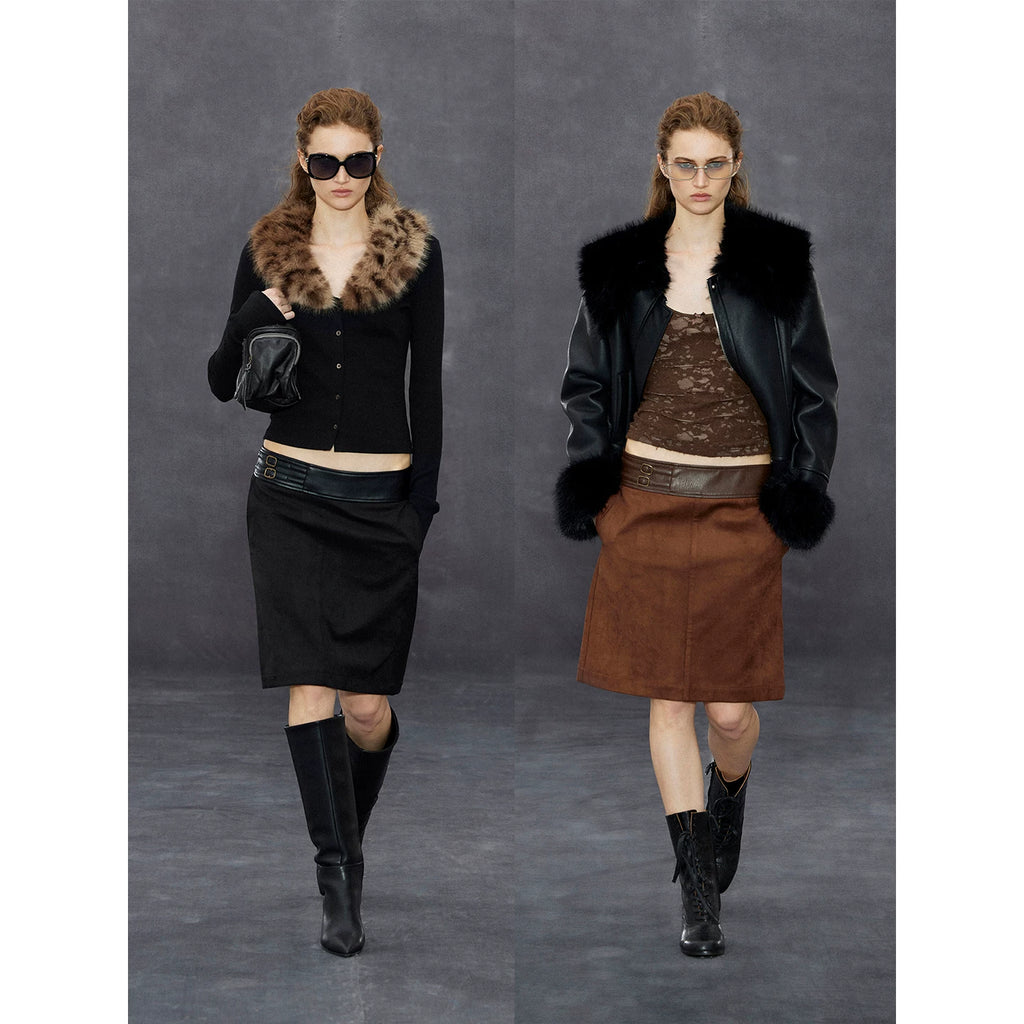 Wcoumq | Retro Waistband Suede Black Straight Stitched Leather Fishtail Skirt – Autumn & Winter A-Line Skirt for Women