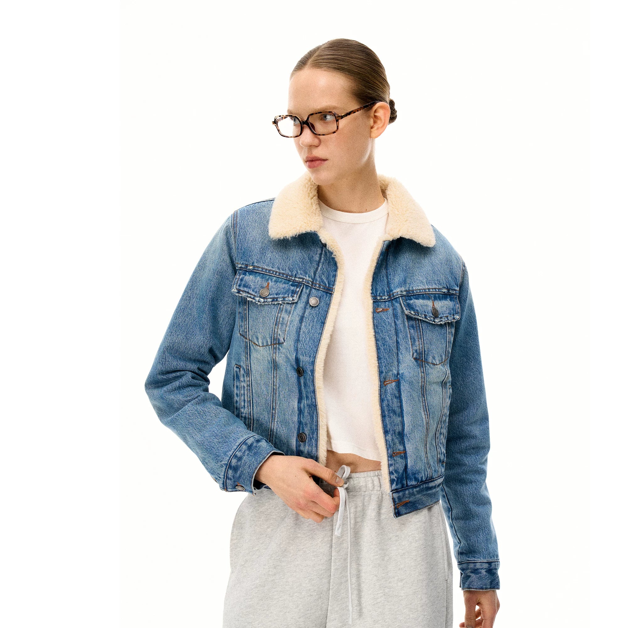 Wcoumq | Retro Classic Denim Quilted Jacket with Fur Collar – Women’s Warm Contrasting Color Denim Jacket