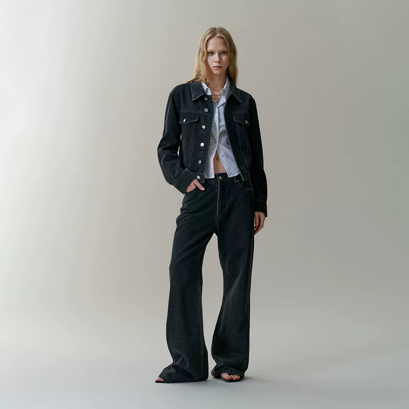 Wcoumq | Pure Cotton White, Gray & Black Denim Jacket and Straight-Leg Pants Suit – Stylish Women’s Casual Denim Set