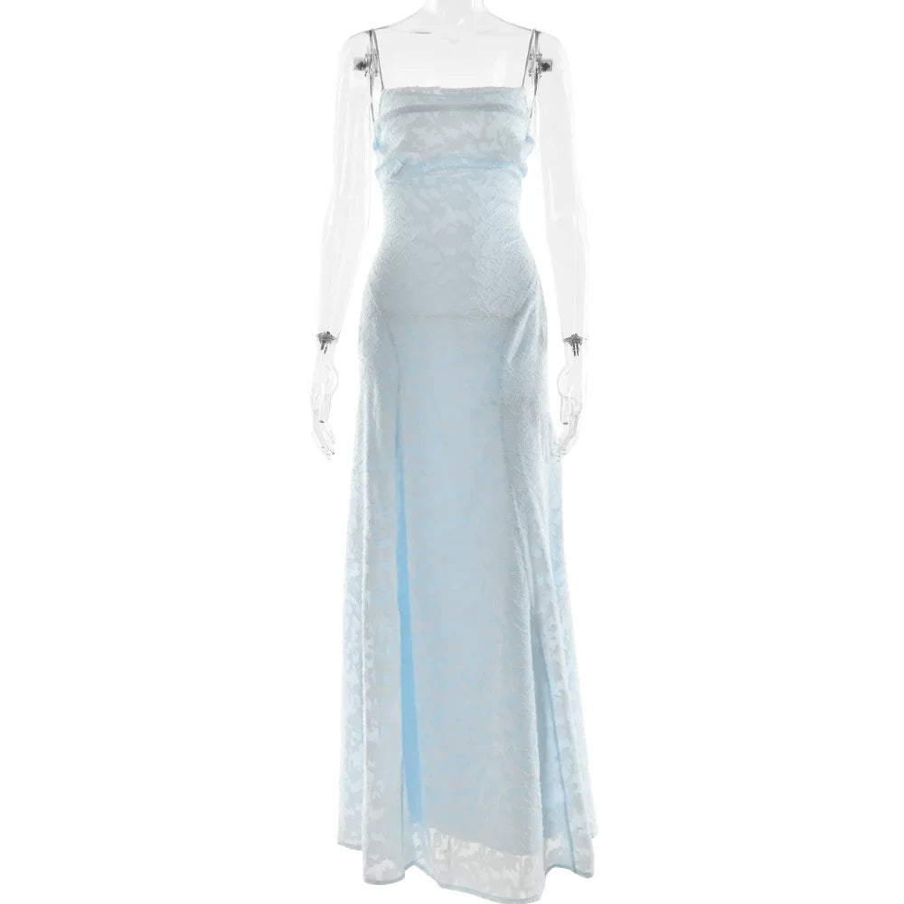 Wcoumq | Jacquard Floor-Length Square Neck Dress with Backless Straps and Slim Waist Design