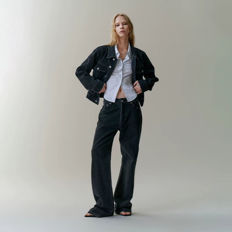 Wcoumq | Pure Cotton White, Gray & Black Denim Jacket and Straight-Leg Pants Suit – Stylish Women’s Casual Denim Set