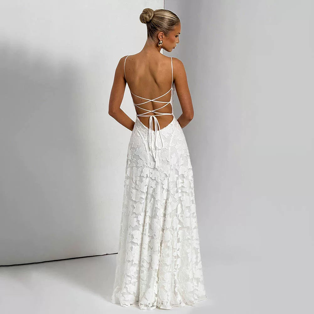 Wcoumq | Jacquard Floor-Length Square Neck Dress with Backless Straps and Slim Waist Design