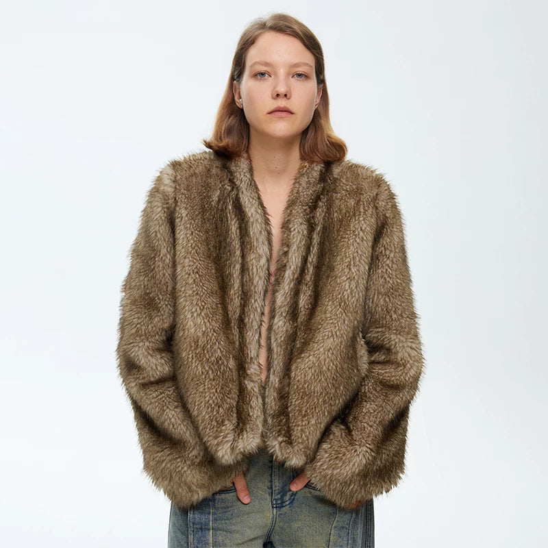 Wcoumq | Short Fur Jacket with Stand Collar – Textured Women’s Autumn & Winter One-Piece Outerwear