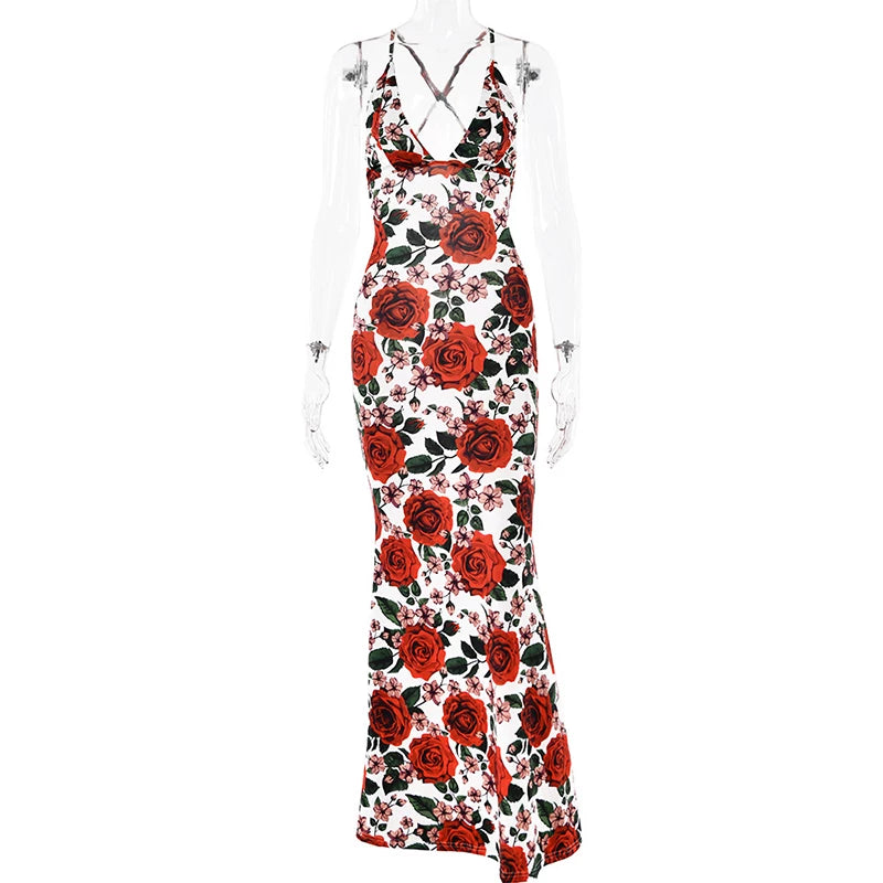 Wcoumq | Summer Sling Maxi Dress with Rose Print and Backless Vacation Style