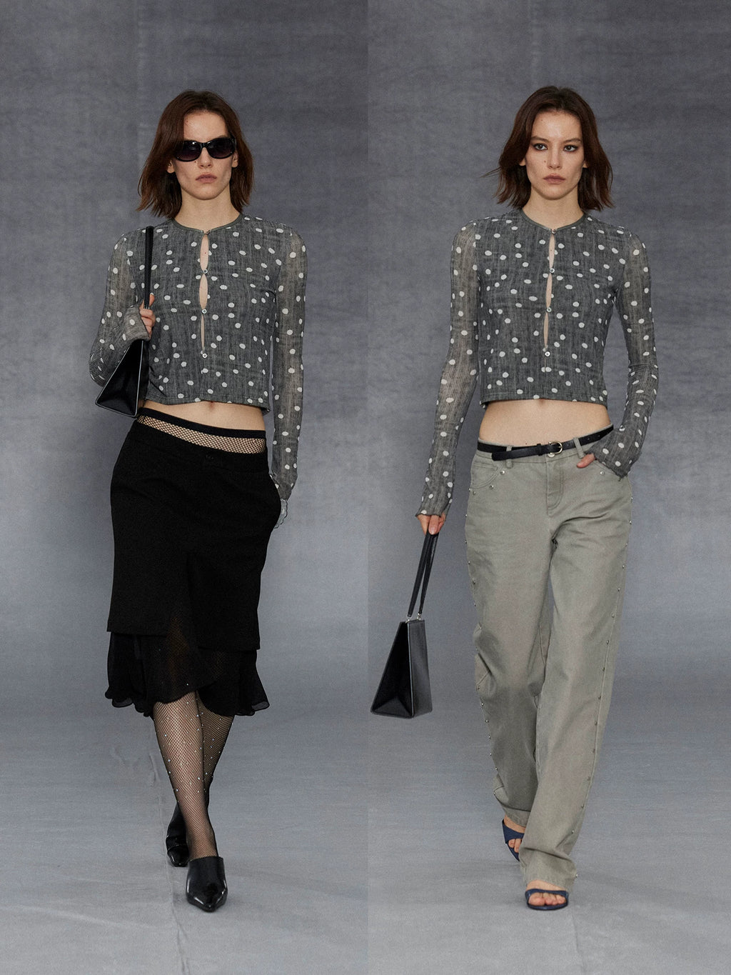 Wcoumq | Retro Printed Polka Dot Long-Sleeve Top & Knitted Short Cardigan Set – Stylish Women’s Outerwear