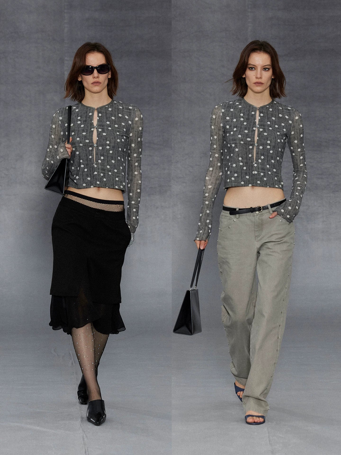 Wcoumq | Retro Printed Polka Dot Long-Sleeve Top & Knitted Short Cardigan Set – Stylish Women’s Outerwear