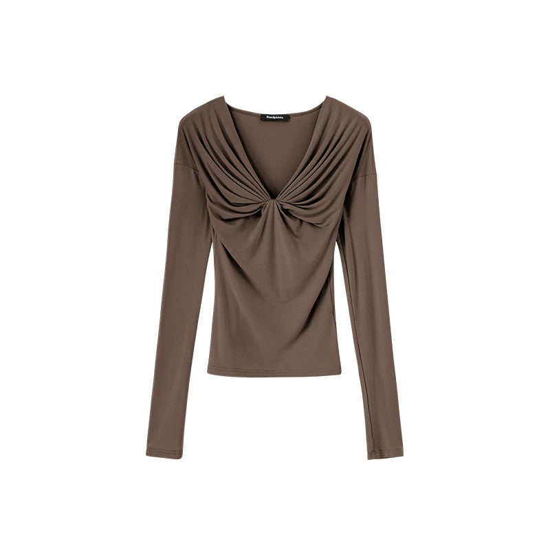 Wcoumq | V-Neck Pleated Slim Knitted Pullover Top for Women – Casual Touch Series Slim-Fit Knitwear