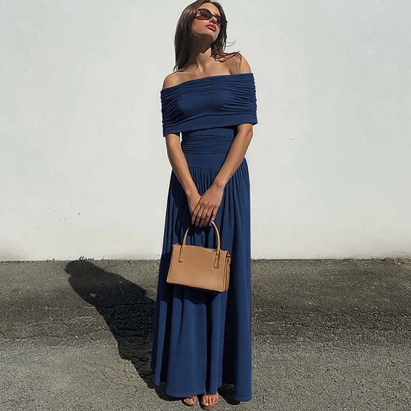 Wcoumq | Off-Shoulder One-Line Collar Pleated High-Waist Long Dress with Slim Fit