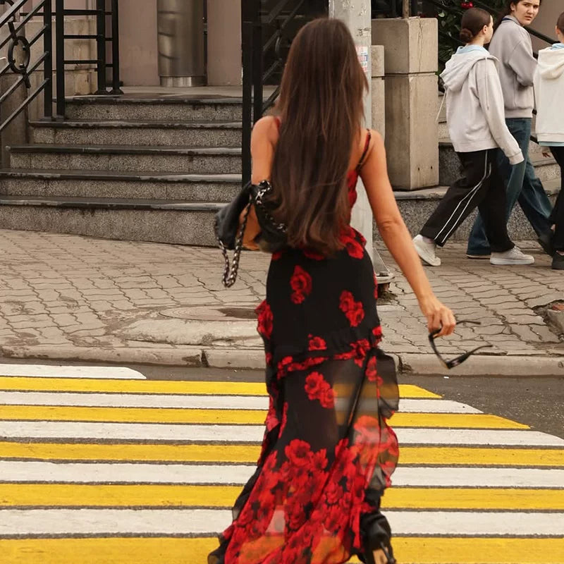 Wcoumq | Floral Print Suspender Dress with Irregular Hem and Flowy Body-Shaping Design