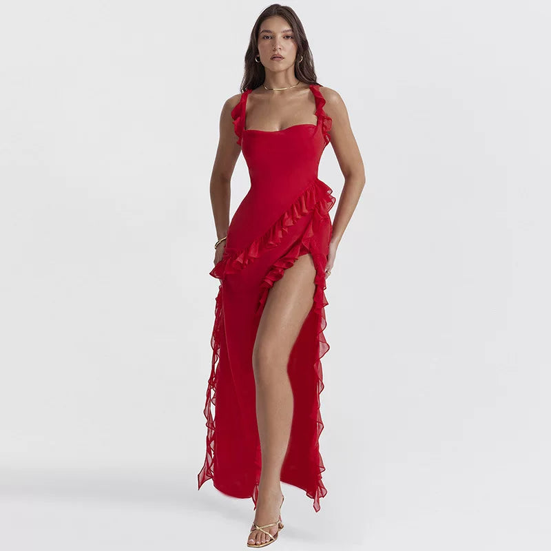 Wcoumq | Square Neck Backless Maxi Dress with High Slit and Ruffle Detail
