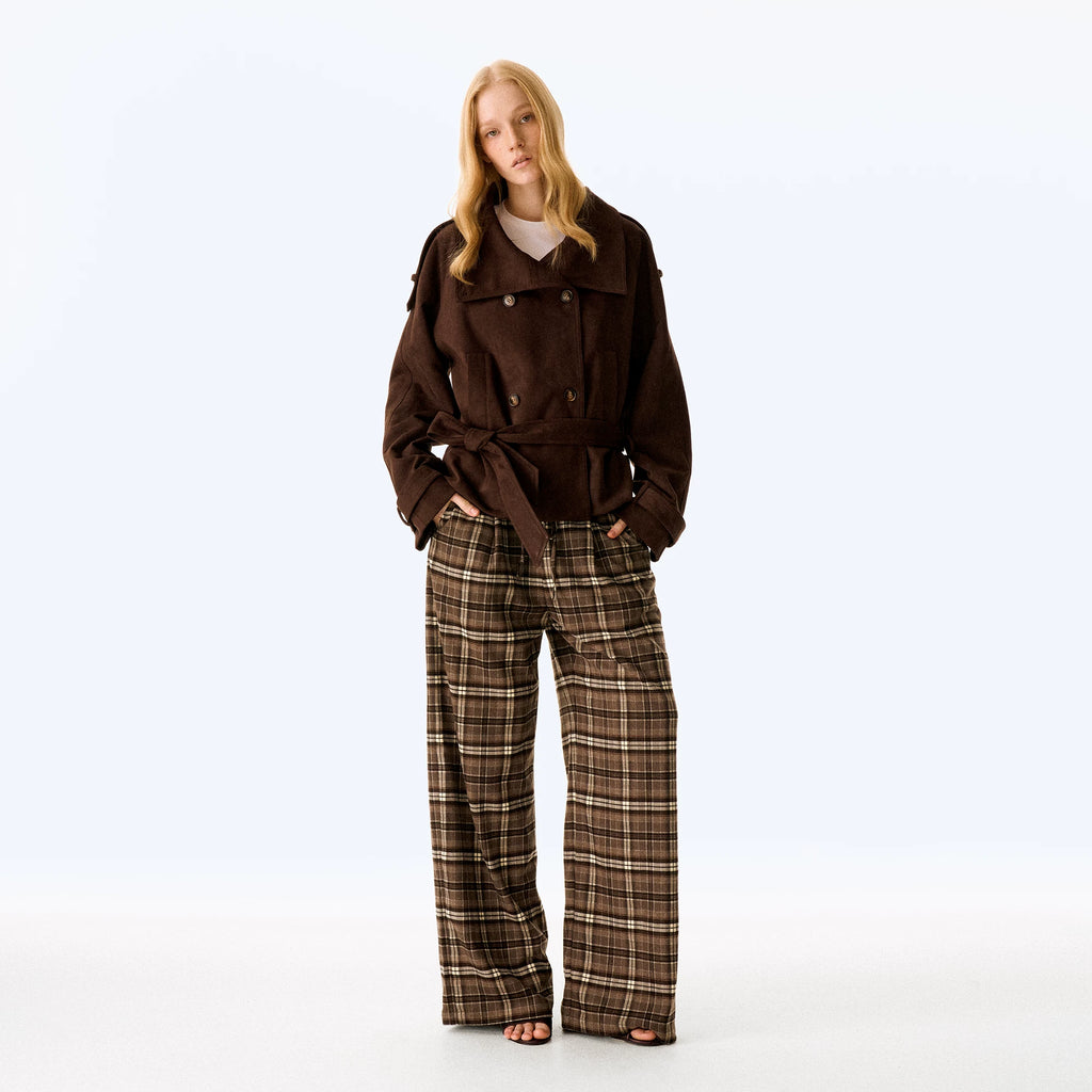 Wcoumq | Brown Velvet Suede Short Windbreaker Jacket – Retro-Inspired Elastic Waist Autumn & Winter Women’s Outerwear