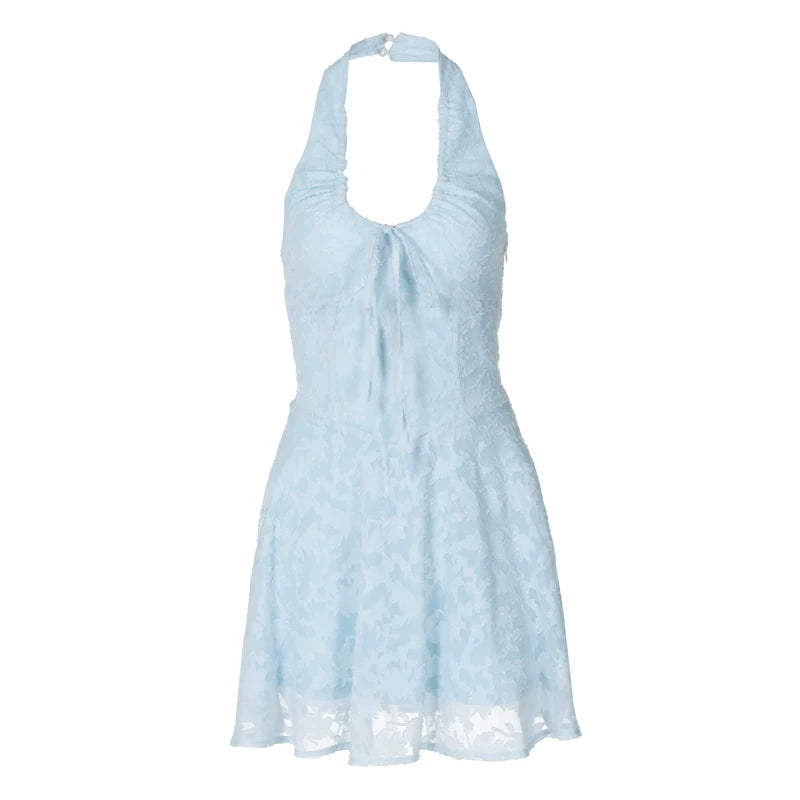 Wcoumq | Baby Blue and White Halter Dress with Slim A-Line Skirt for Summer Holidays