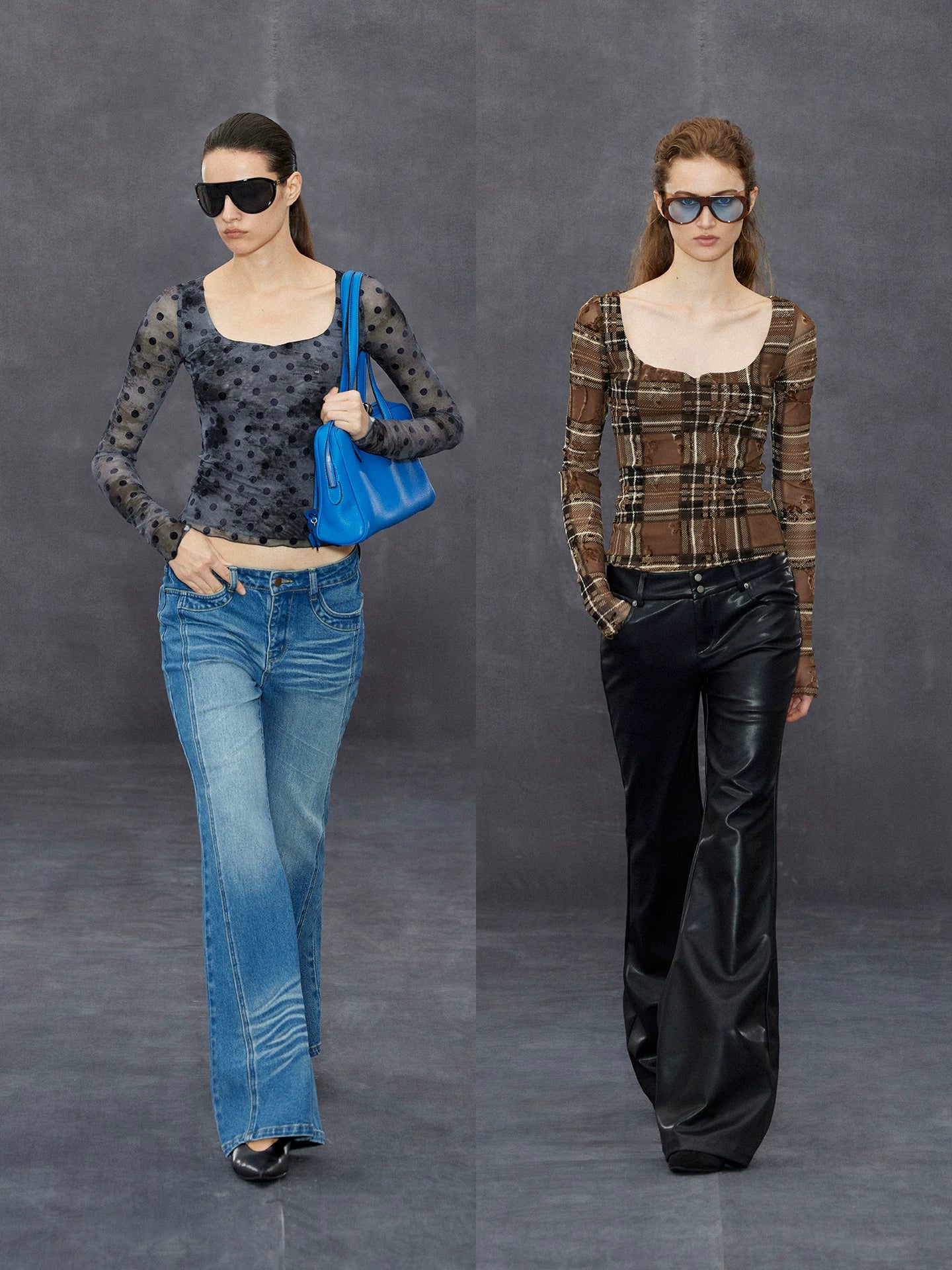 Wcoumq | Sweetheart Neck Jacquard Mesh Polka Dot Lace Plaid Long-Sleeve Round Neck Top for Women