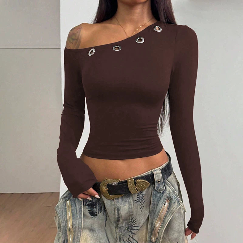 Wcoumq | Eyelet Design Slanted Shoulder Long-Sleeve Top for Women – Trendy Autumn & Winter Street Fashion Hot Girl Style