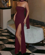 Wcoumq | Solid Color Tube Top Maxi Dress with Ribbon Waist and Fishtail Slit