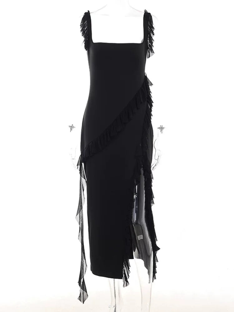 Wcoumq | Square Neck Backless Maxi Dress with High Slit and Ruffle Detail