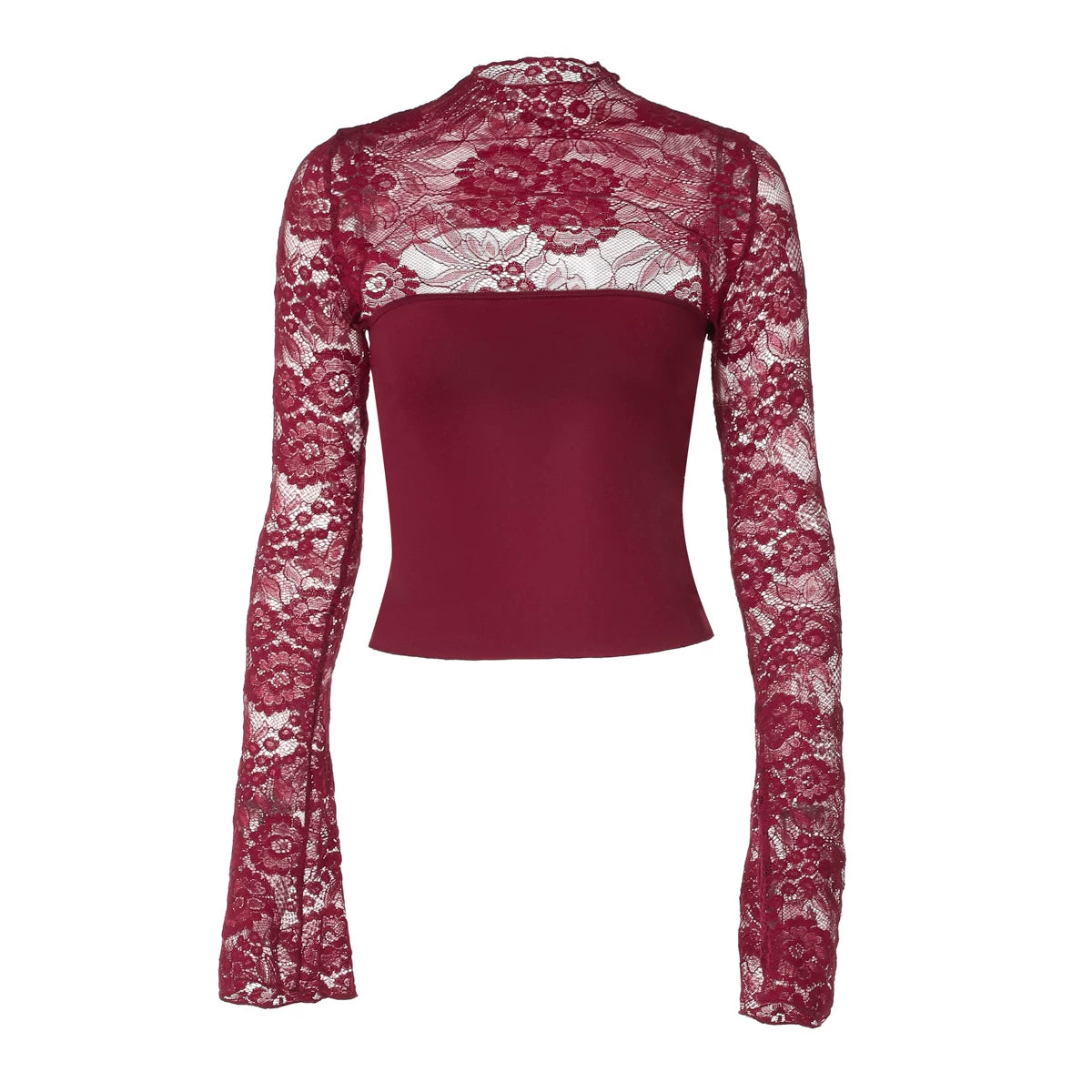 Wcoumq | Sexy Lace Stitching Hollow Long-Sleeve T-Shirt for Women – Slim Fit European and American Style Niche Short Top