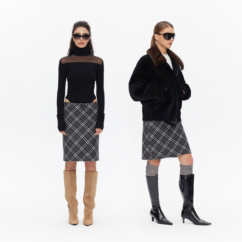 Wcoumq | Touch Series Checkered Woolen Straight Skirt – Classic and Elegant Wool Skirt for Women