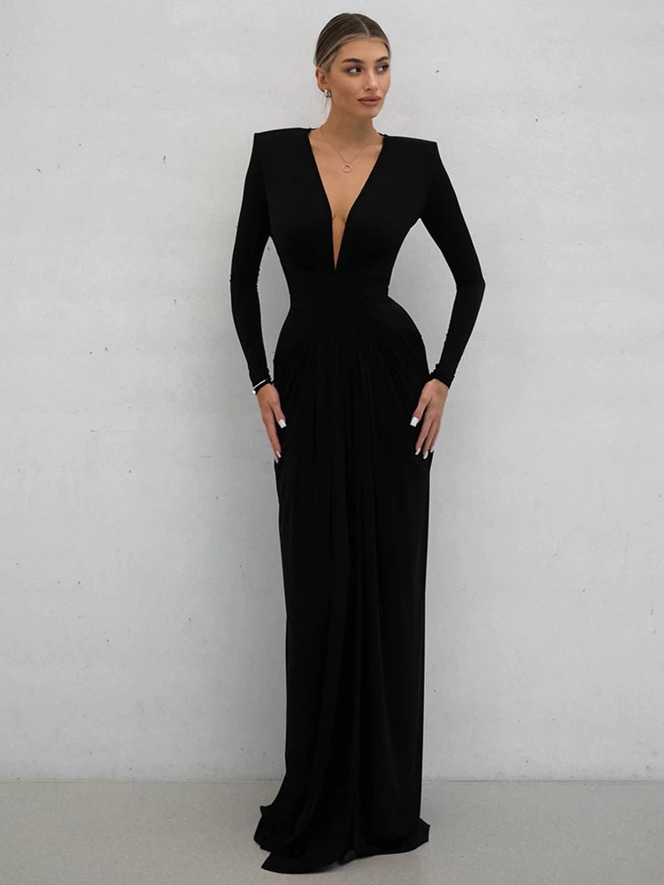 Wcoumq | V-Neck Long-Sleeve Dress with Waist Accents and Side Slits