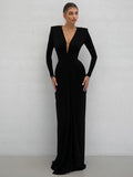 Wcoumq | V-Neck Long-Sleeve Dress with Waist Accents and Side Slits