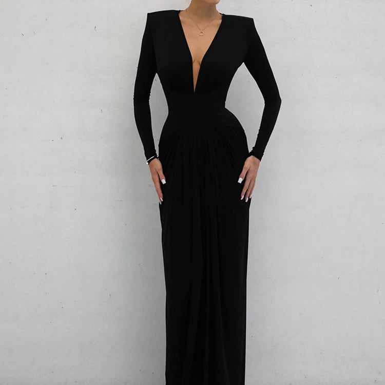 Wcoumq | V-Neck Long-Sleeve Dress with Waist Accents and Side Slits