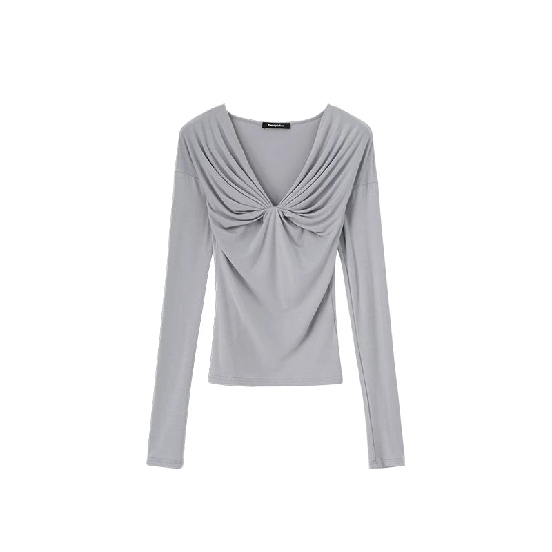 Wcoumq | V-Neck Pleated Slim Knitted Pullover Top for Women – Casual Touch Series Slim-Fit Knitwear