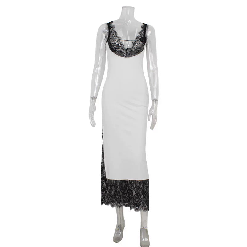 Wcoumq | V-Neck Lace Spliced Suspender Maxi Dress with Slim Fit