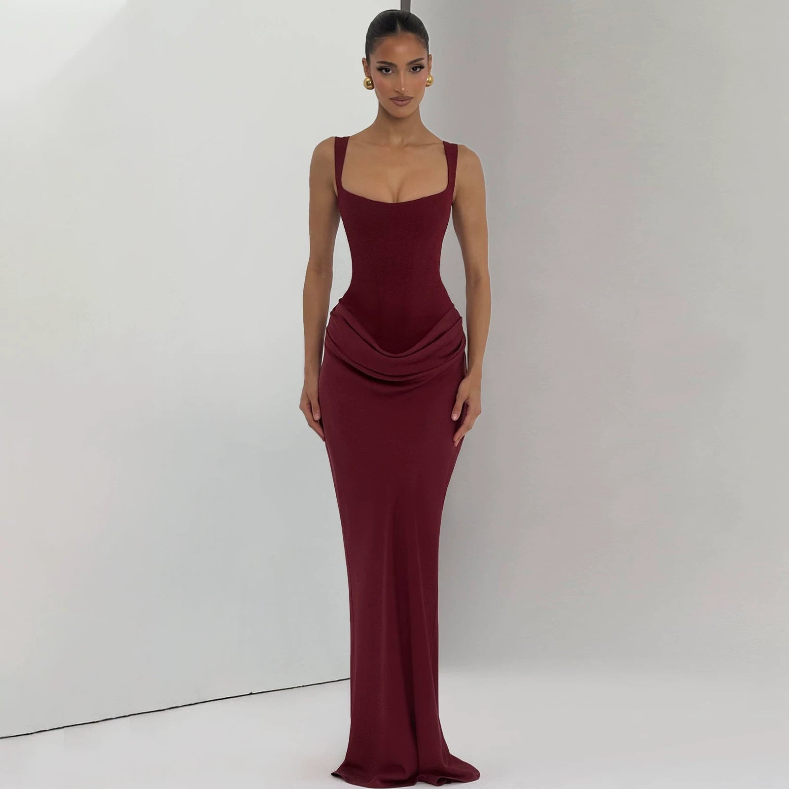Wcoumq | Square Neck Suspender Maxi Dress with Back Strap and Slim Fit for Autumn & Winter