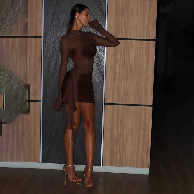 Wcoumq | Mesh-Spliced Slim-Fit Long-Sleeve Dress with Hip Slit