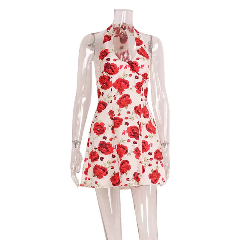 Wcoumq | V-Neck Halter Mini Dress with Floral Print and Slim Waist Design