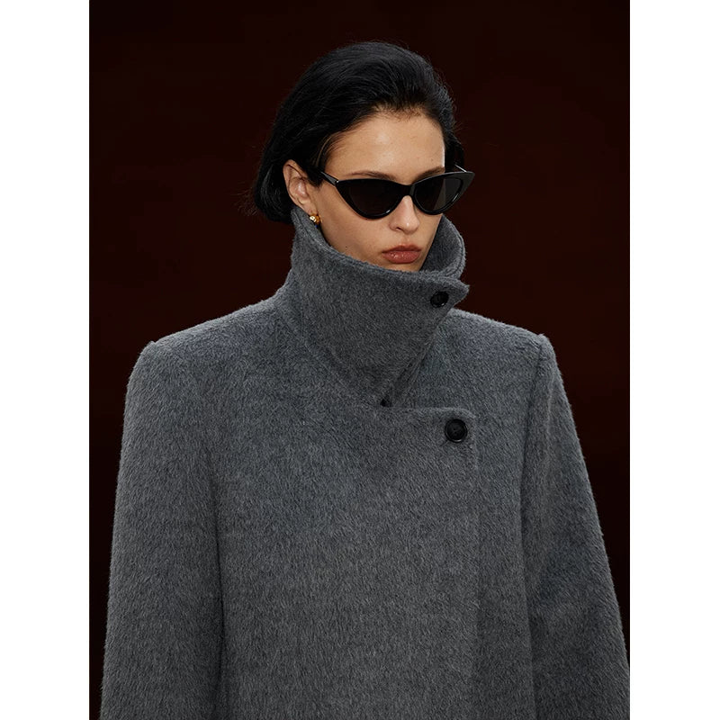 Wcoumq | Retro High Stand-Up Collar Lapel Shoulder H-Shaped Wool Coat for Women – Timeless Tailored Outerwear