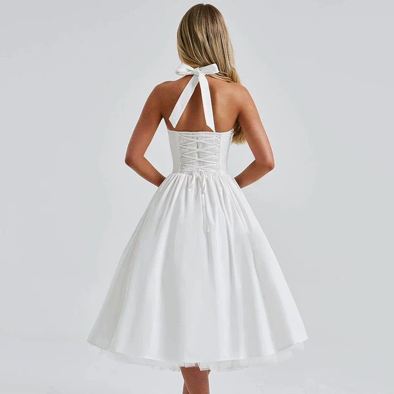 Wcoumq | White Mesh Halter Dress with Slim Waist for Resort and Mid-Length Elegance