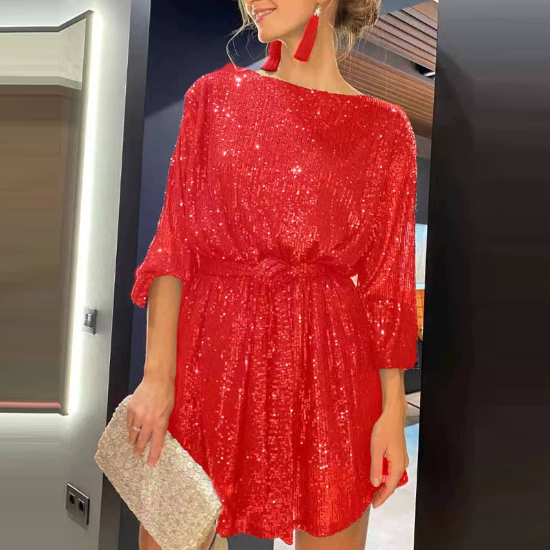 Wcoumq | Sequin Party Dress with Lace-Up Waist and Slimming Belly Coverage