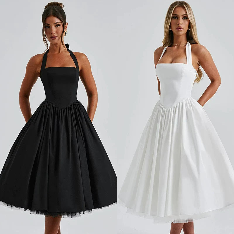 Wcoumq | White Mesh Halter Dress with Slim Waist for Resort and Mid-Length Elegance