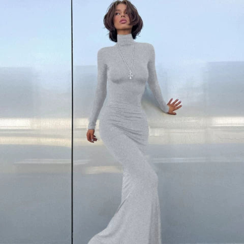 Wcoumq | Solid Color Half Turtleneck Long-Sleeve Slim Dress for Autumn and Winter