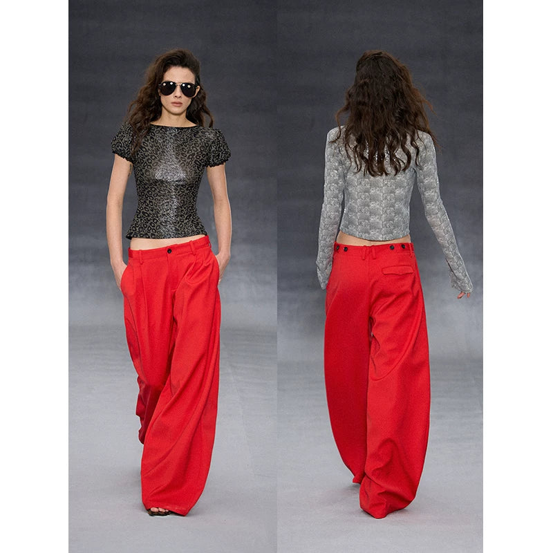 Wcoumq | Low-Waist Three-Dimensional Pleated Wide-Leg Drape Suit Pants – Stylish Women's High-Fashion Trousers