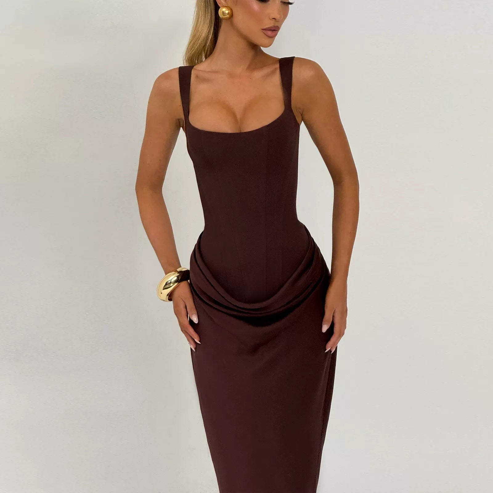 Wcoumq | Square Neck Suspender Maxi Dress with Back Strap and Slim Fit for Autumn & Winter