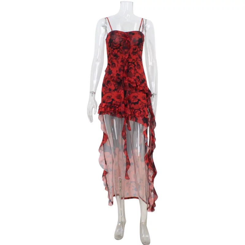 Wcoumq | Floral Print Suspender Dress with Irregular Hem and Flowy Body-Shaping Design