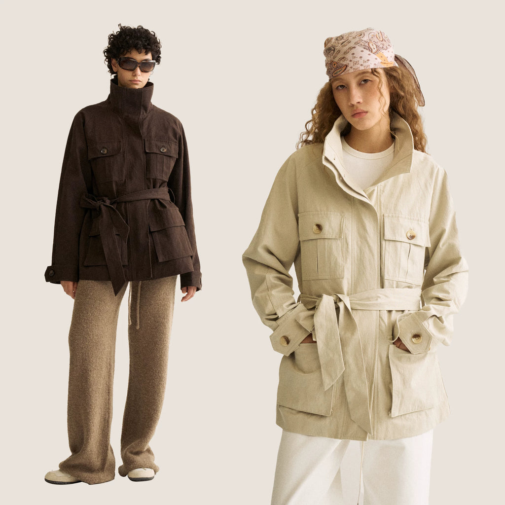 Wcoumq | Retro Workwear Multi-Pocket Windbreaker with Adjustable Belt – Women’s Loose Fit Commuting Stand-Up Collar Jacket