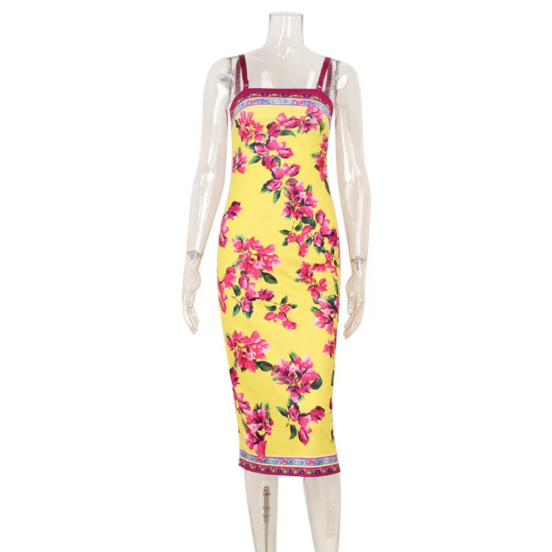 Wcoumq | Printed Suspender Dress with Open Back and Figure-Hugging Slit Long Skirt