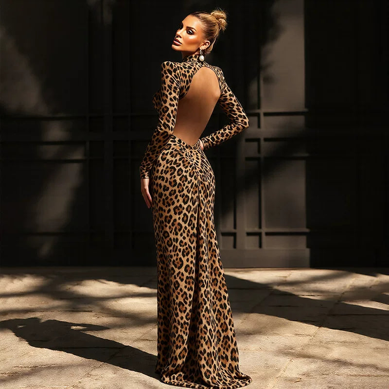 Wcoumq | Leopard Print High-Neck Backless Maxi Dress for Banquet and Cocktail Events